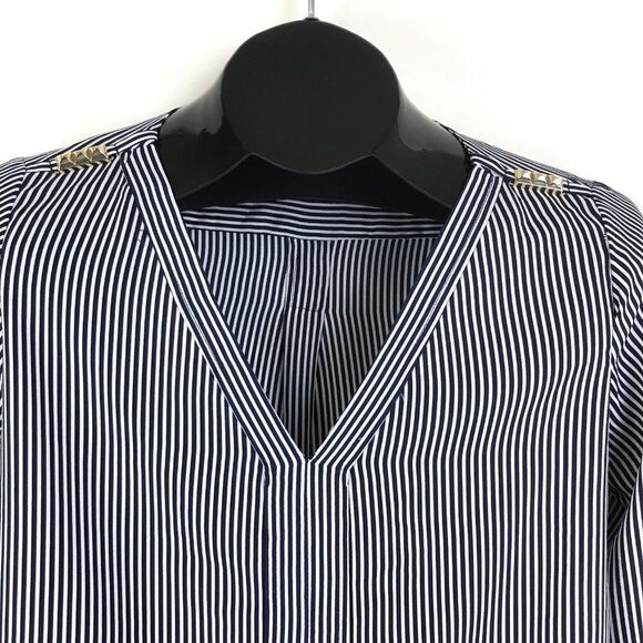 Zara Basic Striped V-Neck Blouse Women’s Size XS Embellished Roll Tab Sleeves - Picture 3 of 12